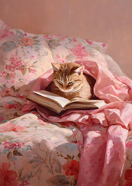 Cat Reading Book in Bed Painting