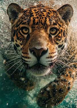 Jaguar swimming underwater close-up portrait