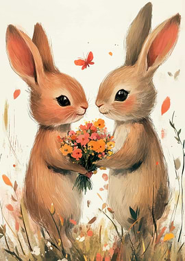 Two Rabbits with Flowers and Butterfly