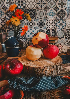 Apples on Wood Slice Still Life