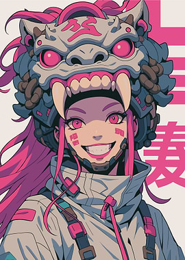 Cyberpunk Girl with Lion Mask