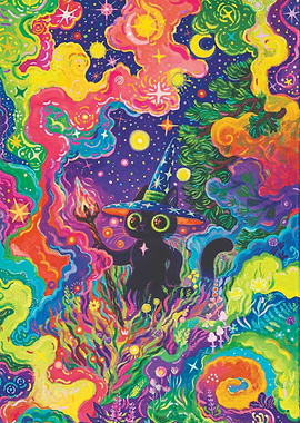 The Traveler Psychedelic Cat Wizard Art