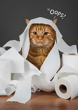 Ginger cat in toilet paper mess