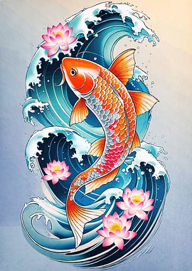 Koi Fish Waves Lotus Flowers