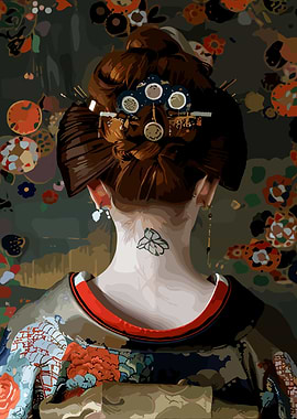 Geisha Back View with Floral Kimono