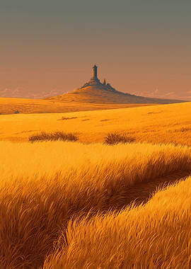 Golden Field with Distant Tower