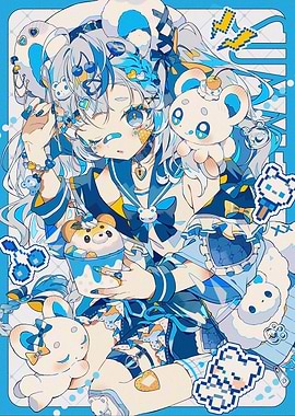 Blue Anime Girl with Bear Theme
