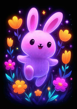 Glowing Bunny in a Flower Garden