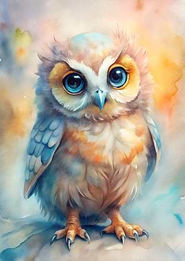 Watercolor Owl with Big Blue Eyes