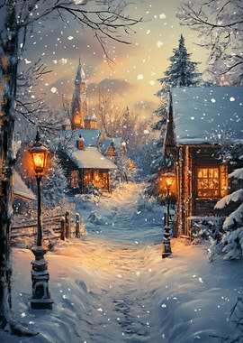 Winter Village Scene with Snowfall