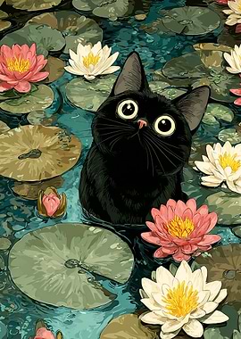 Black Cat in Lily Pond Illustration
