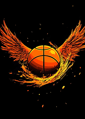 Fiery Basketball with Wings on Black