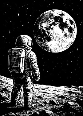 Astronaut on the Moon, Black and White Art 2