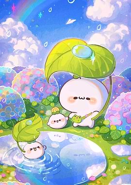 Cute Characters in Rainy Garden