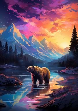 Bear in Lake at Sunset