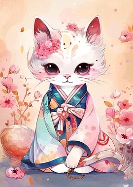 Cute Cat in Kimono with Cherry Blossoms