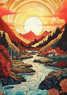 Mountain River at Sunset Illustration