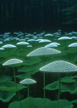 Field of Luminous Mushrooms in Forest