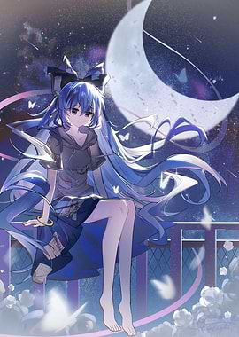 Anime Girl with Blue Hair and Moon