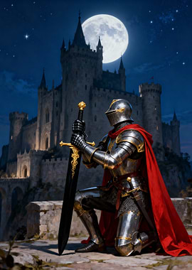 Knight with Sword Under Moonlight