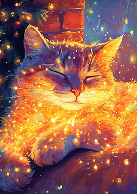 Sleeping Cat with Christmas Lights Painting