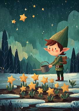 Elf Watering Star Flowers at Night