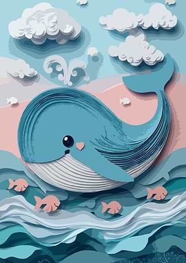 Cute Whale in Paper Cut Style