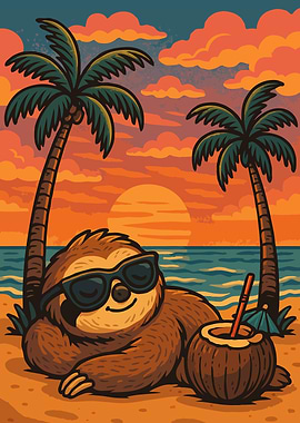 Sloth on Beach with Coconut Drink