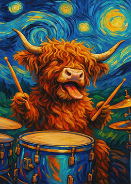 Highland Cow Drummer Van Gogh Style