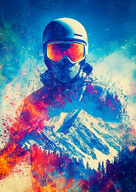 Abstract Skier with Mountain Landscape