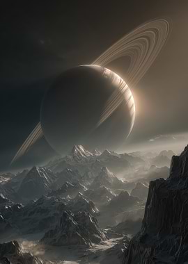 Saturn over Mountainous Alien Landscape