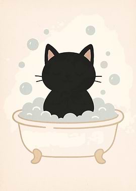 Black Cat in Bathtub Illustration