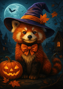 Red Panda Witch with Pumpkin