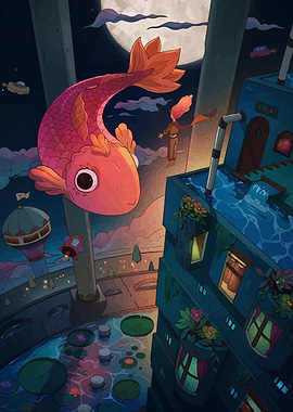 Dreamy Fish Cityscape Illustration