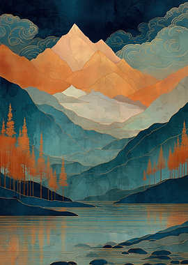 Gold-Accented Alpine Landscape with Lake — Teal & Copper Mountain Art