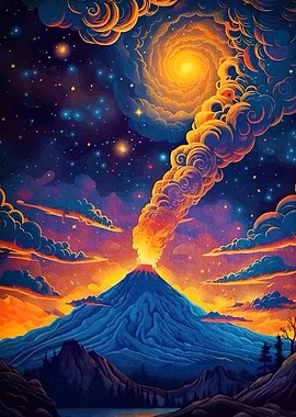 Volcano Eruption Starry Night Sky