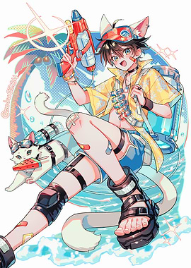 Summer Fun: Anime Boy and Cat