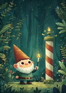 Cartoon Gnome in Forest with Candle