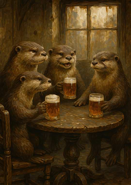 Otters Drinking Beer at a Table