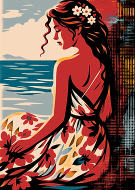 Woman in Floral Dress by the Sea