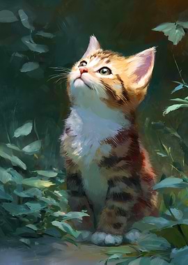 Cute Kitten Looking Upward Oil Painting