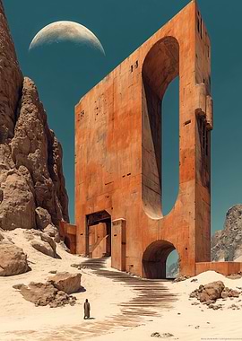 Desert Monument with Figure and Moon