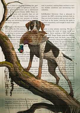 Dog with Pheasant on Tree Branch