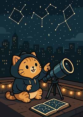 Cat Astronomer on Rooftop Art