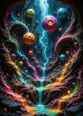 Colorful Abstract Landscape with Floating Orbs