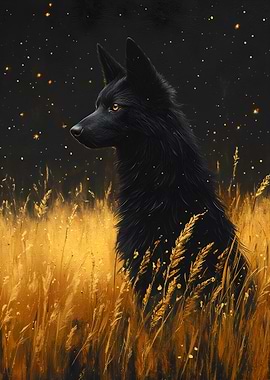 Black Wolf in Golden Field