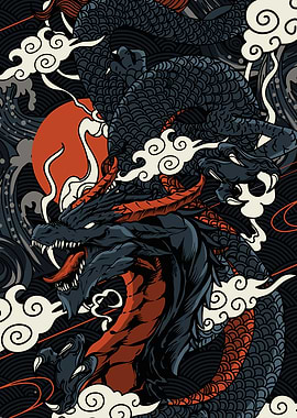 Stylized Dragon with Clouds and Sun