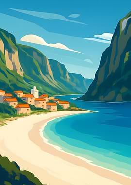 Coastal Village Landscape with Turquoise Water