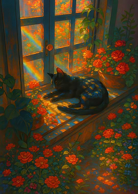 Cat, Rainbow, and Roses by Window