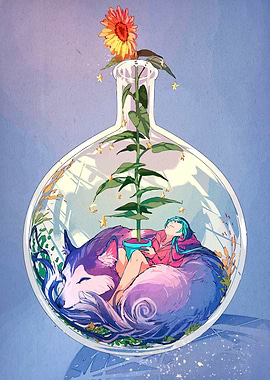 Girl, Wolf, and Sunflower in Glass